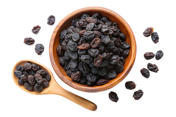 black raisins in wooden bowl isolated on transparent background png