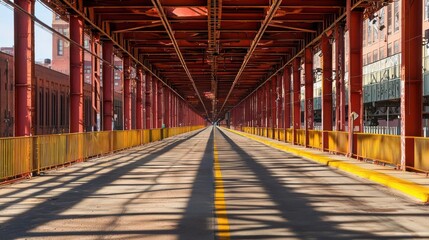 Obraz premium Red Metal Industrial Bridge with Yellow Railings Under Sunlight