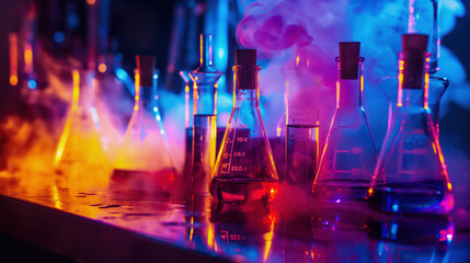 Various laboratory flasks filled with vibrant liquids emit colorful smoke and create a captivating atmosphere in a dimly lit lab during an experimental session.