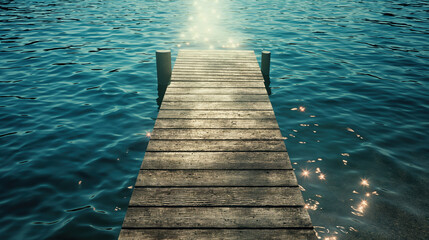 Fototapeta premium A rustic wooden dock reaches into serene blue water, capturing sunlight's glimmering reflections as it connects the shore to peaceful aquatic surroundings.