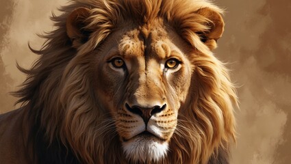 Fototapeta premium Majestic lion with intense gaze resting in the warm sunlight of the savanna