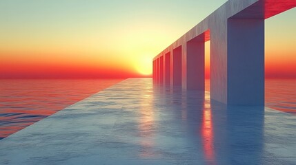 Fototapeta premium Serene Sunset Over Ocean with Modern Archway Structure