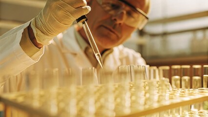 A focused elderly scientist conducts an experiment carefully pipetting liquid into test tubes encapsulating the handson exploration of CRISPR applications in regenerative medicine.