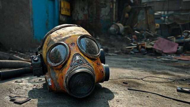 Abandoned gas mask rests on the ground in a derelict urban setting filled with debris