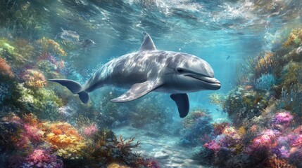 Fototapeta premium Dolphins leaping joyfully in ocean near coral reefs.