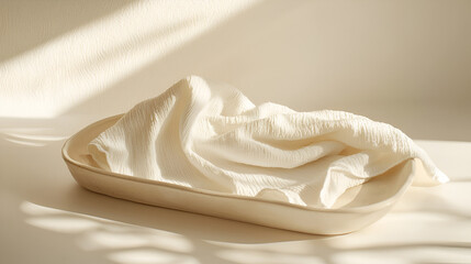 Elegant monochrome shot: textured fabric gently draped in a simple dish, bathed in soft, natural light.