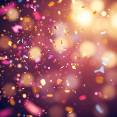 Fototapeta premium A vibrant explosion of colorful confetti and sparkles against a dark background, forming an abstract pattern with shades of pink, yellow, and more. No distinct objects or figures are visible