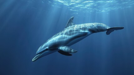 Fototapeta premium Humpback whale gliding peacefully underwater in deep blue ocean.