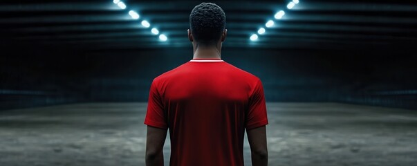 Red jerseyed soccer player prepares for match in stadium tunnel