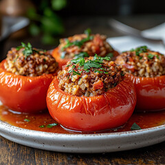 belles tomates farcies dans une assiette - IA Generated