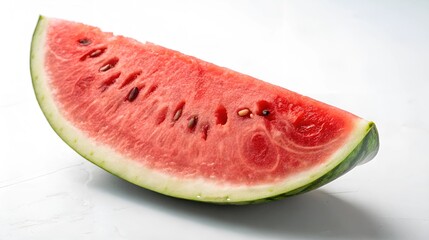 Fresh watermelon slice with vibrant red flesh and seeds on a white background