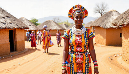 Zulu woman in vibrant dress smiles in South African village, cultural heritage