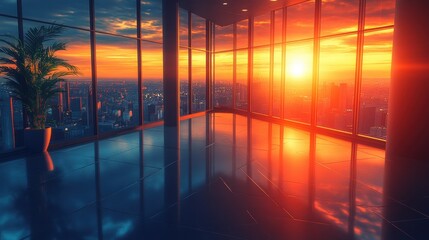 Fototapeta premium Stunning Sunset Reflection in Modern Office Space with City View
