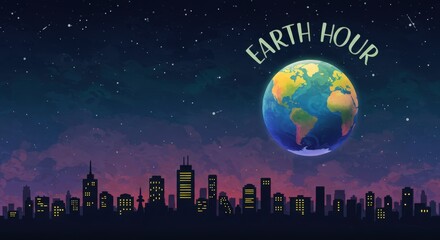 Naklejka premium Earth Hour celebration with city skyline and glowing planet Earth under starry night sky