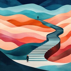 A surreal landscape featuring a winding staircase leading through colorful, wavy hills, suggesting a journey or exploration.