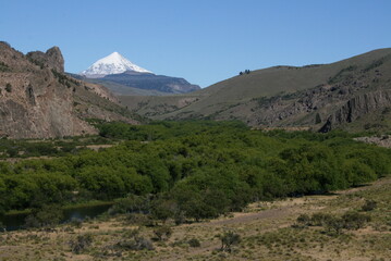 Lanín Volcano in the background on a clear, sunny day in Patagonia, Argentina.