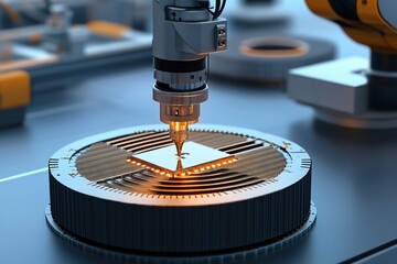 Robotic arms assembling silicon wafers in a semiconductor manufacturing facility