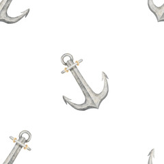 Watercolor pattern anchor symbol of navigation, pirate. Illustration hand drawn in marine style. Seamless print on white background for fabric, textile, packaging, clothes, wallpaper, nursery bathroom