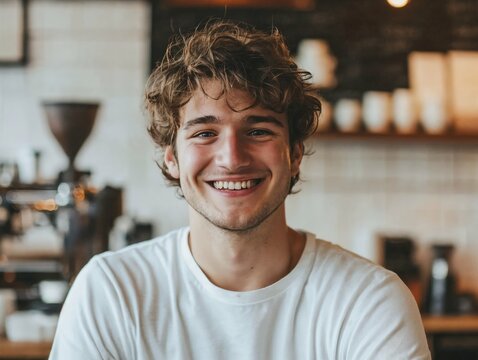 Smiling Young Man in White Shirt at Cozy Cafe