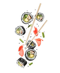 Floating sushi rolls with marinated ginger and cucumber in the air