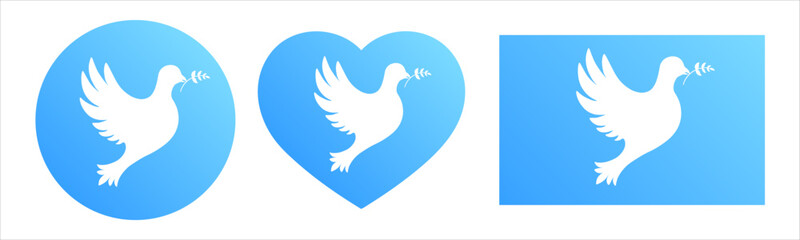 Set of blue icons with white peace dove. Heart-shaped, round and rectangular signs. Human rights and tolerance