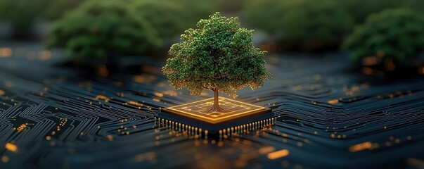 Neon tree from a circuit board symbolizes growth in the digital world