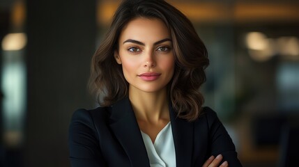 Confident business woman poses in modern office setting with a warm smile