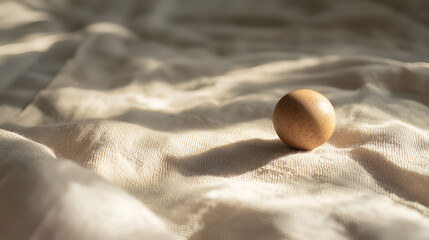 Wooden sphere resting on a textured fabric surface, bathed in warm, natural sunlight creating soft shadows.