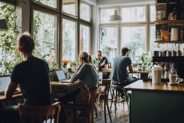 Cozy urban cafe ambiance with people working and relaxing indoors