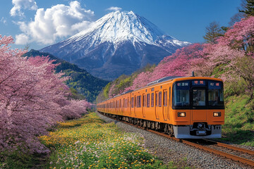 Obraz premium Scenic Japanese train passing through cherry blossoms with Mount Fuji in the background during spring - Generative AI