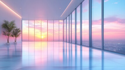 Modern empty room with large windows and sunset reflection