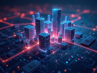 Obraz premium Digital cityscape representing blockchain technology with illuminated skyscrapers and interconnected networks demonstrating advanced connectivity