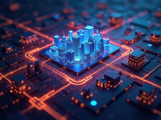 Obraz premium Blockchain technology powers an illuminated city model symbolizing digital innovation and its impact on urban development in a futuristic landscape