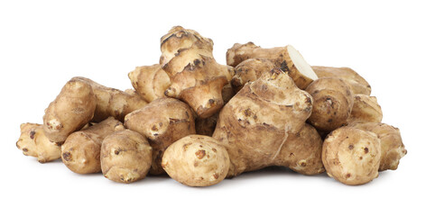 Fresh Jerusalem artichokes isolated on white. Root vegetable