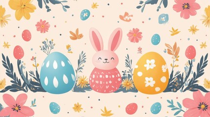 Easter 2D Vector Pattern | Cute Minimalist Easter Eggs, Bunnies & Flowers | Pastel Spring Seamless Design for Holiday Decor & Gift Wraps