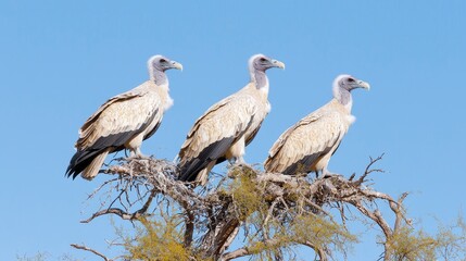 Fototapeta premium Three Vultures Perched on a Branch Against a Clear Sky. Possible use Nature photography, educational material