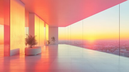 Modern Interior with Glass Walls and Vibrant Sunset View