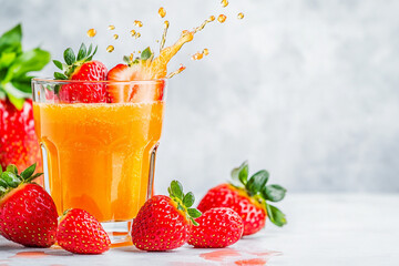 Fresh strawberries surround a glass filled with a bright juice, capturing a lively splash and showcasing summer's bounty in a burst of color
