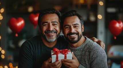 Obraz premium Happy middle-aged hispanic male couple sharing a hug with a Valentine's Day gift, with heart-shaped balloons in the background. Ideal for romantic and festive visuals.