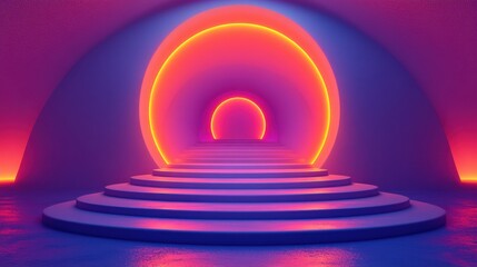 Obraz premium Vibrant Neon Archway with Circular Lights and Steps in Futuristic Space
