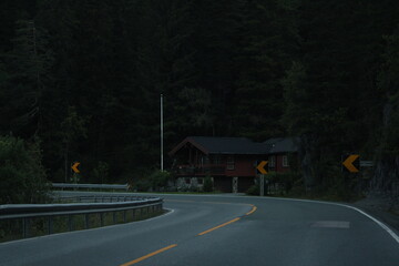 Scandinavian red houses by the road.