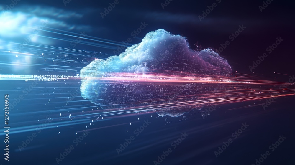 Poster data streams flow through a digital cloud, symbolizing cloud computing, data storage, and the import