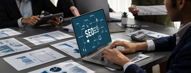 SEO search engine optimization for brisk e-commerce and online retail business showing on computer...