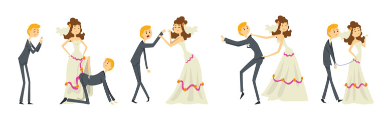 Funny Couple of Newlyweds with Weak Henpecked Groom Dominated by Bride Vector Set