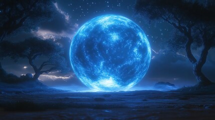 Mystical blue orb over night forest