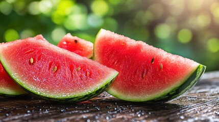 watermelon outdoors wooden table on green natural background
