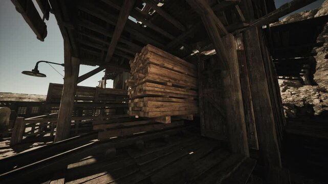 A collection of wooden logs is neatly stacked inside a rustic lumber mill, with sunlight streaming through the open structure, highlighting the aged wood and surrounding environment.