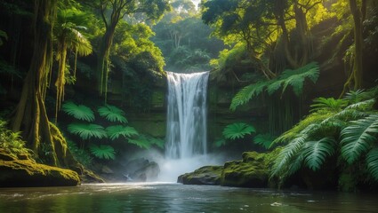 Fototapeta premium Stunning waterfall cascading through lush tropical greenery in a serene forest environment during daylight hours