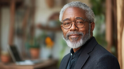 Fototapeta premium Older bearded man with glasses smiling in an office with natural decor and warm lighting. Generated with AI.
