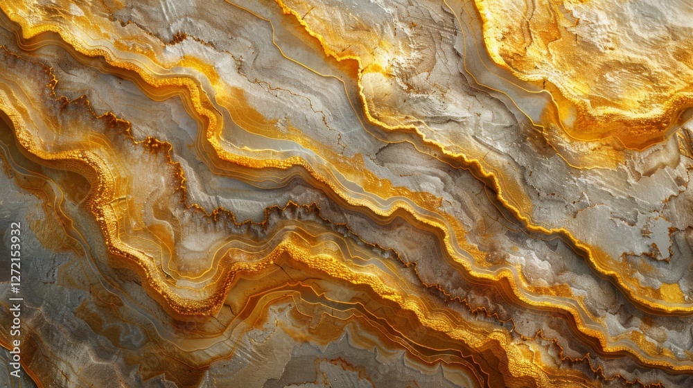 Aufkleber Natural stone surface displays intricate patterns with golden and earthy tones creating a captivating visual. The texture showcases waves and layers that evoke a sense of depth and elegance.